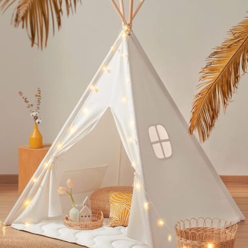 Kids Teepee Tent, 100 Cotton, with Padded Mat, Star Lights, Foldable, Carry Bag